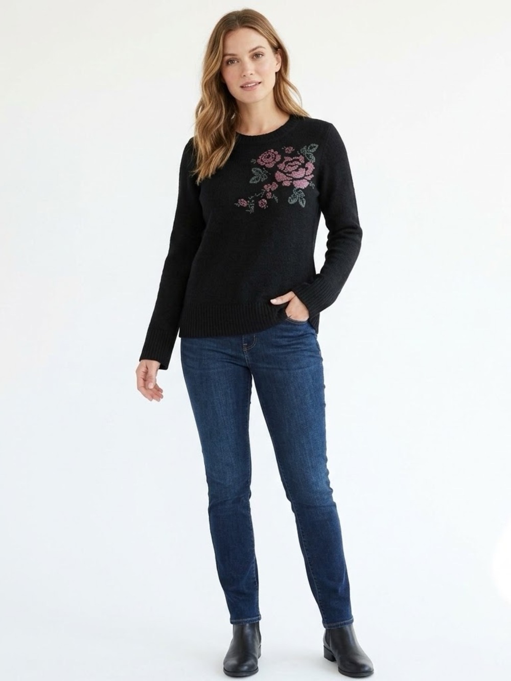 Northern Reflections Embroidered Floral Rose Sweater Medium Black Knit